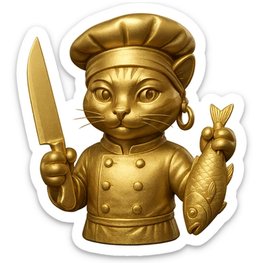 Add a single large gold earring to one ear, and make the cat chef hold a knife in one paw and a fish in the other. Keep the bandana and chef look, with no background. sticker