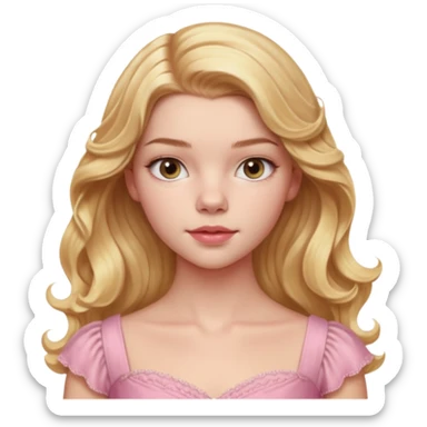 Cinematic Realistic Anya Taylor Joy Portrait, depicted with lifelike skin texture, subtle rosy undertones, and soft natural lighting that enhances the gentle contours of her face. Her intricately detailed golden blonde hair is elegantly wavy, and pink dress sticker