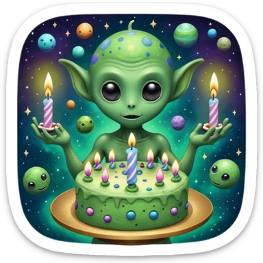 A giant alien holding a birthday cake that is actually a miniature galaxy, tiny planets orbiting the candles, cosmic dust swirling, epic scale contrast, ultra detailed space fantasy art

 sticker