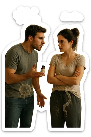 A highly realistic, cinematic photo of a young couple in their early 30s having an argument in a bright modern kitchen. The man, athletic build, wearing a casual T-shirt and jeans, is speaking firmly with a raised hand holding a small amber glass bottle labeled with a subtle herbal symbol, saying 'Andiamo a fare il trattamento antiparassitario' with a determined expression. The woman, with long dark hair tied in a messy bun, casual home outfit, crosses her arms with an angry, defensive expression, replying 'Ti ho detto di no! Io non ci credo!' while slightly turning away. Tension is visible in their body language, with the man leaning forward trying to explain and the woman leaning back, her eyebrows furrowed. Around them, subtle ghostly overlays of microscopic parasites are faintly visible near their abdominal areas, symbolizing the hidden reason for the argument. The kitchen is bright and modern with plants and natural light, contrasting the emotional tension. The style is hyperrealistic with warm tones and shallow depth of field focusing on their facial expressions, illustrating the conflict between belief in natural treatments and skepticism within the couple regarding hidden parasitic infections. in italiano sticker
