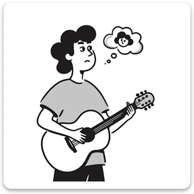 Close-up of a musician's face and torso, holding a guitar, looking up at the sky with a sad and worried expression, with a small thought cloud above showing something causing concern sticker