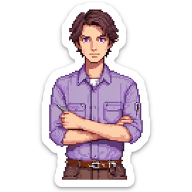 Focused male tinkerer, Caucasian features, short dark brown hair, sharp gray eyes, neutral expression, wearing violet work shirt with rolled-up sleeves, holding a small wrench in one hand, waist-up, front-facing sticker