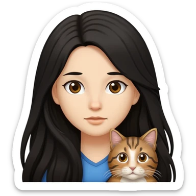 A girl with long black hair and  a brown long haired tabby sticker