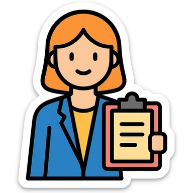 female character with a clipboard, standing, color outline icon style sticker