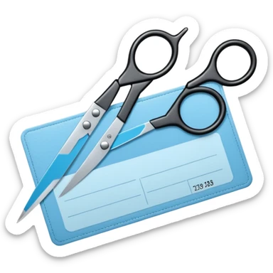 Floating black Scissors cutting a light blue military ID card in 2 parts .hyper realistic sticker