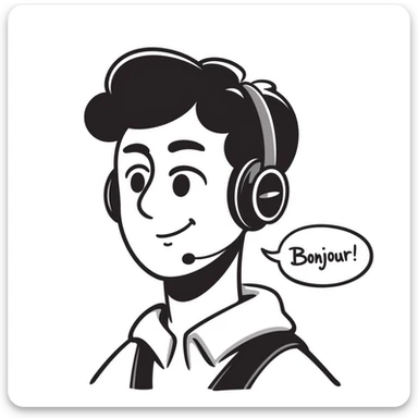 Highly detailed anime-style male character saying "Bonjour!", with styled black hair, expressive brown eyes, defined black beard, wearing detailed gaming headphones, anime art style with line work sticker