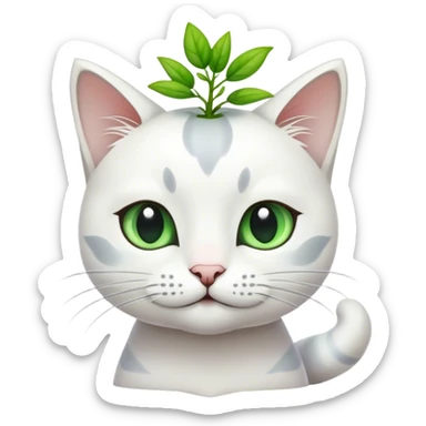 Gatoblanco con gris con un brote de planta en sima de la cabeza  sticker