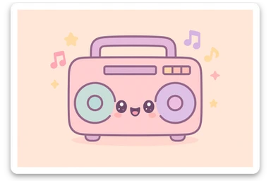 kawaii boombox with colorful speakers, musical notes, happy face, radiating party vibes sticker