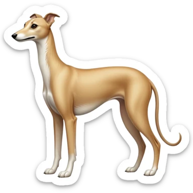 cinematic-[fawn greyhound]-realistic-full-body-standing-emoji,-tail-resting-loosely-beside-its-paws,-head-tilted-dramatically, -sleek-[light fawn]-fur,-simplified-yet-realistic-focused-features,-highly-detailed,-glowing-with-an-almost-sarcastic-glow sticker
