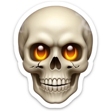 A detailed 3D-rendered skull emoji with a smooth, rounded shape. The skull looks crazy, with an unhinged expression and glowing eyes. Thick smoke is coming out from the top of its head, swirling upwards.  sticker
