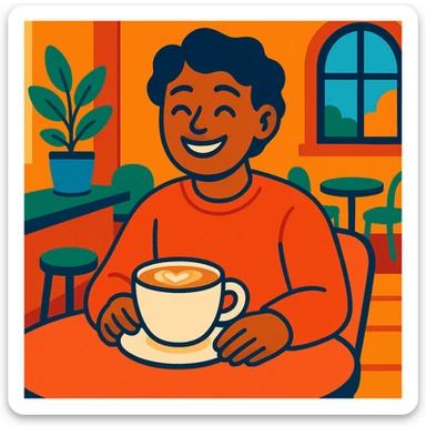 a person sitting at a café table, smiling with a latte, warm inviting style sticker