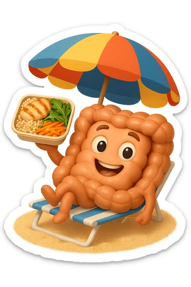 EMOJI STILE IPHONE DI INTESTINO IN SPIAGGIA SU UNA SPIAGGINA SOTTO L'OMBRELLONE CON IN MANO UNA SCHISCETTA DI Insalata di quinoa e pollo con rucola e carote, iperrealistica 4k sticker