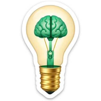 3D lightbulb icon with brain pattern inside, glowing softly, modern glossy style, deep green (#0B3D2C) base, gold (#C9B037) filament glow, cream (#F5F5DC) light, transparent background, premium render sticker