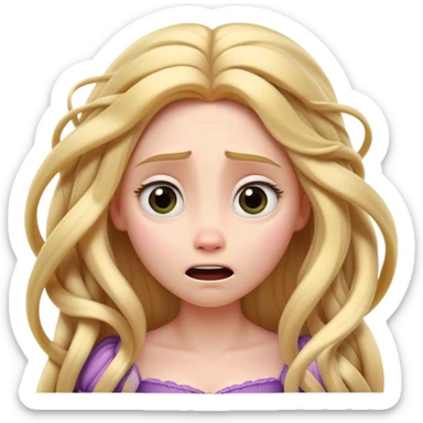 Cinematic Funny Rapunzel Portrait Emoji, Looking exhausted while tangled in her own hair, a dramatic sigh, eyes rolling with humorous exasperation, a hilariously relatable moment for the long-haired princess! sticker