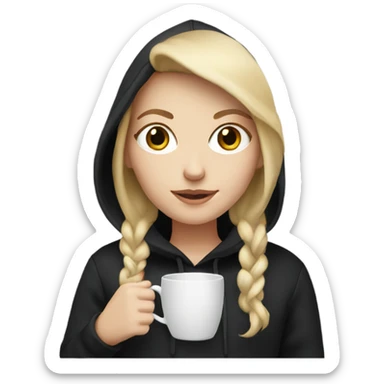 white girl with blond hair in black hoodie with cup sticker