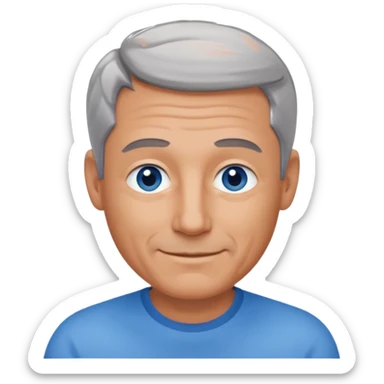 Middle aged man with tanned skin, receding dark grey hair and no beard, blue eyes, shy smile sticker
