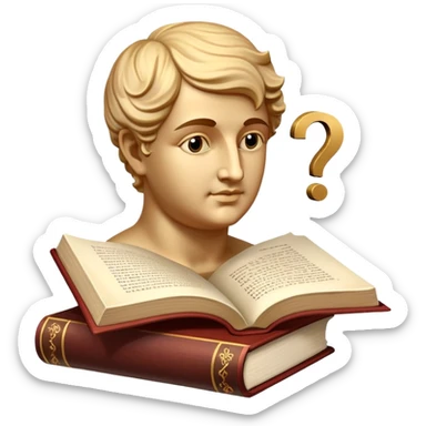 An icon featuring a classical bust, a book, and a question mark, symbolizing philosophy. The design includes a scroll with ancient text, evoking deep thought and intellectual inquiry. Transparent background highlights the search for knowledge and meaning sticker