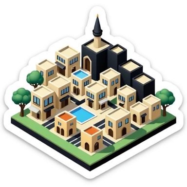 little city and many, small, ordinary, simple, home, Iranian-style, 1980, isometric sticker