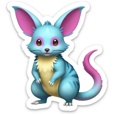 Shiny smooth silky soft Cyan-Yellowish-Magenta Minccino-Zeraora-Emolga-Vernid-Sergal-Fakémon-Chinchilla-fusion-hybrid-animal-creature, full body sticker