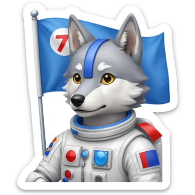 a wolf in space suit, holding blue rectangle flag sticker