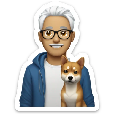 A guy with white hair tied in a ponytail, black-framed glasses, a nose piercing, a blue hoodie and a Shiba Inu dog next to him sticker