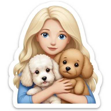 Blonde blue-eyed long-haired mother -hugs two dogs-a Bichon Frise- and- a Teddy sticker