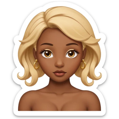 darkskin female with eyebrows that are naturally shaped and frame eyes well, eyes that are almond-shaped with defined lashes. nd lips are full with a defined cupid’s bow, add also a septum piercing that adds an edgy, stylish flair. a middle-part, honey blonde bust-down with laid baby hairs sticker