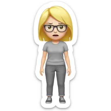 cartoon angry mother with yellow hair, wearing glasses, gray shirt and pants, emoji style sticker