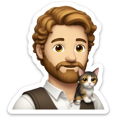 A whit man with brown hair and beard holding calico cat sticker