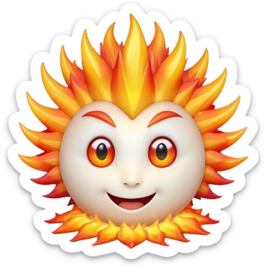 spiky mineral rock characterA single spiky crystal rock character, compact and round with many chunky flame-like spikes, glowing red–orange–yellow gradient like fire, faceted crystal texture, cute face with big shiny eyes and excited smile,

 sticker