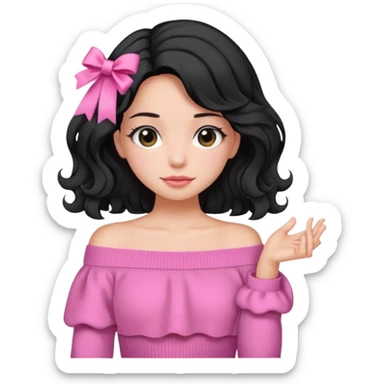 Girl with black wavy not so long hair and a ribbon hair clip beside it make it look like wearing a pink off shoulder sweater sticker