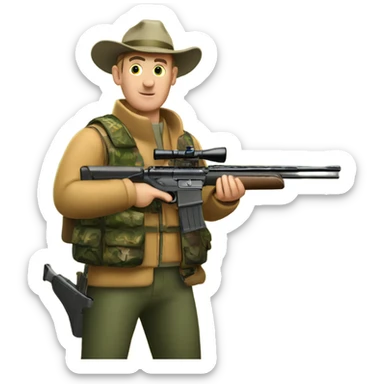 White man deer hunting in woods wearing camouflage holding a shotgun sticker