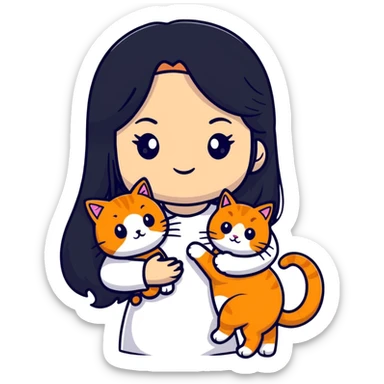beautiful girl with elegant long black hair holding a cute ginger cat sticker