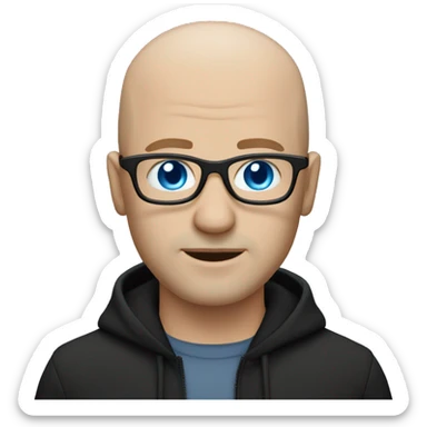 bald white guy with blue eyes, stubble, glassses. black clothes sticker