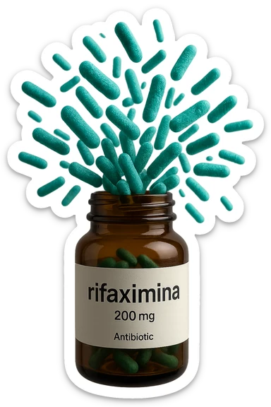 barattolo di medicinale con la scritta "rifaximina" sull'etichetta fluttua in aria, da dentro al barattolo escono batteri intestinali turchesi, iperrealistico 4k sticker