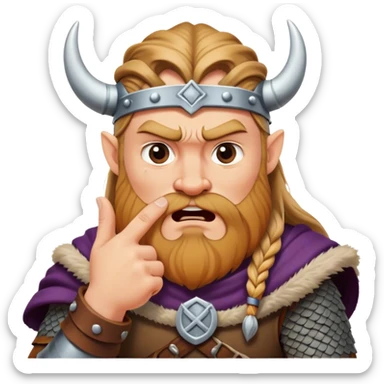 surprised viking face with furrowed eyebrows looking upwards with thumb and index finger resting on its chin. sticker