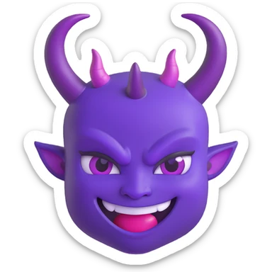 A mischievous purple devil emoji with a sly, confident smile and raised eyebrows, glowing purple horns, smooth gradient shading, minimalistic and glossy 3D cartoon style sticker