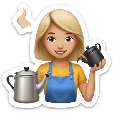 A cheerful female camper brewing coffee in a small metal pot. sticker