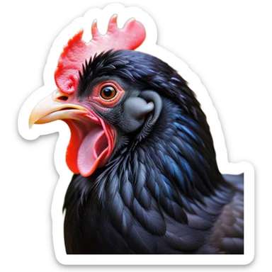 Cinematic Cute Yawning Black Chicken Portrait Emoji, Head tilted slightly with a dramatic, wide-open yawn, showcasing a soft, glossy black plumage with subtle hints of iridescence and a distinctive red comb, floppy wings slightly drooping, round beady eyes barely open in drowsy contentment, Simplified yet irresistibly adorable features, highly detailed, glowing with a soft, cozy glow, high shine, relaxed yet expressive, stylized with a touch of whimsy, bright and endearing, soft glowing outline, capturing the essence of a sleepy yet affectionate chicken, so drowsy it feels like it could stretch out of the screen and curl up for a nap! sticker