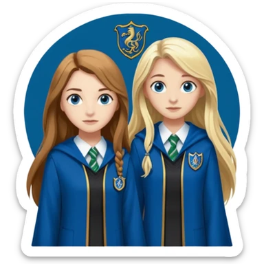 a pretty ravenclaw girl with long brown hair and blue eyes standing with a hot Slytherin girl with long blonde hair, blue eyes sticker