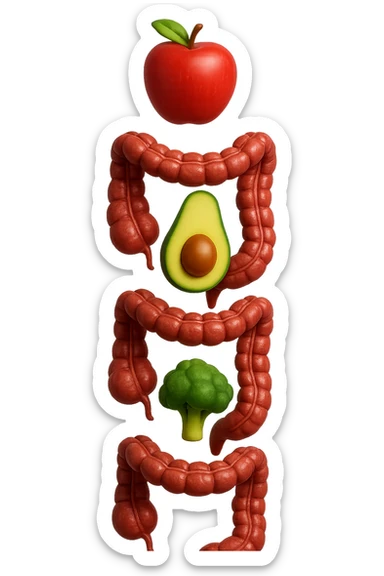 emoji stile iphone in 3d di cibo sano che fluttua in aria vericalmente insieme ùa pezzi di colon umano anatomico, iperrealistico 4k sticker