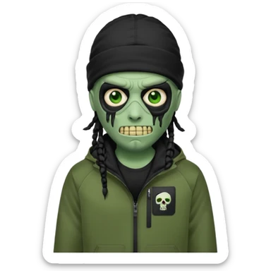 a zombie emoji with black dreads and a black nike jacket and black nike ski mask on his head sticker