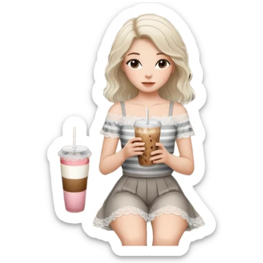 Minimalist girl holding an iced coffee in a chic cafe setting, white lace top, soft natural hair, modern gray striped wall, wooden bench, aesthetic and cozy mood ☕🌿🤍” sticker