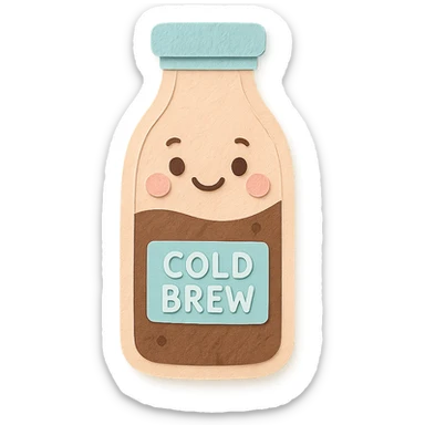 kawaii glass cold brew bottle, full body, happy face, soft pastel colors sticker