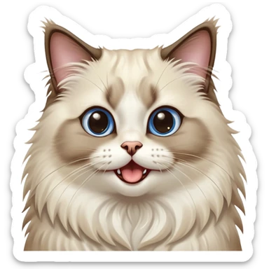 Cinematic-Adorable-Seal-Ragdoll-Cat-Portrait-Emoji – Big-eyed, fluffy Ragdoll cat with a playful head tilt and a cute yawn, soft brown-and-white fur with darker seal points on the ears and face, simplified yet irresistibly cute features, sparkling blue eyes full of mischief, highly detailed with a gentle glow. sticker