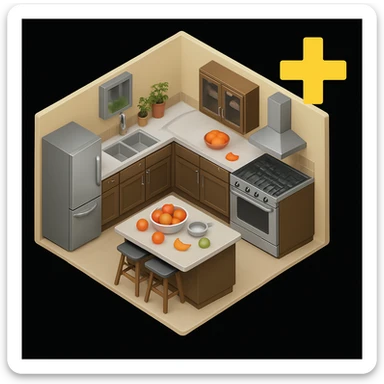 Change the color of the plus (+) symbol in the top right corner to yellow, keeping the rest of the kitchen emoji unchanged, in a style consistent with the original kitchen emoji. sticker