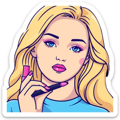 Blonde woman with long hair, blue eyes and pink lips holding mascara in her hands sticker