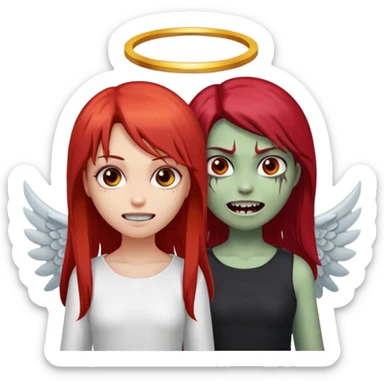 девушка ангел с нимбом и крыльями, с рыжими прямыми волосами по плечи, с улыбкой, стоит рядом с девушка зомби с темными длинными прямыми золосами, со злым выражением лица и ровными белыми зубами в стиле Apple avatar sticker