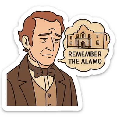 flat toon style face of an 1800s person with a solemn, reflective expression, remembering the Alamo sticker