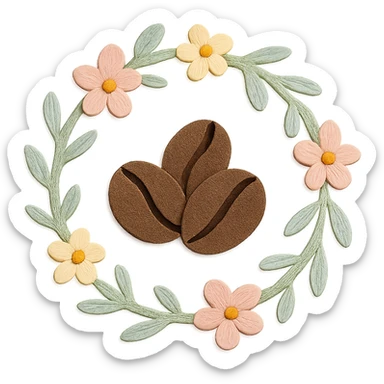 coffee bean floral wreath, hand-drawn pastel design sticker